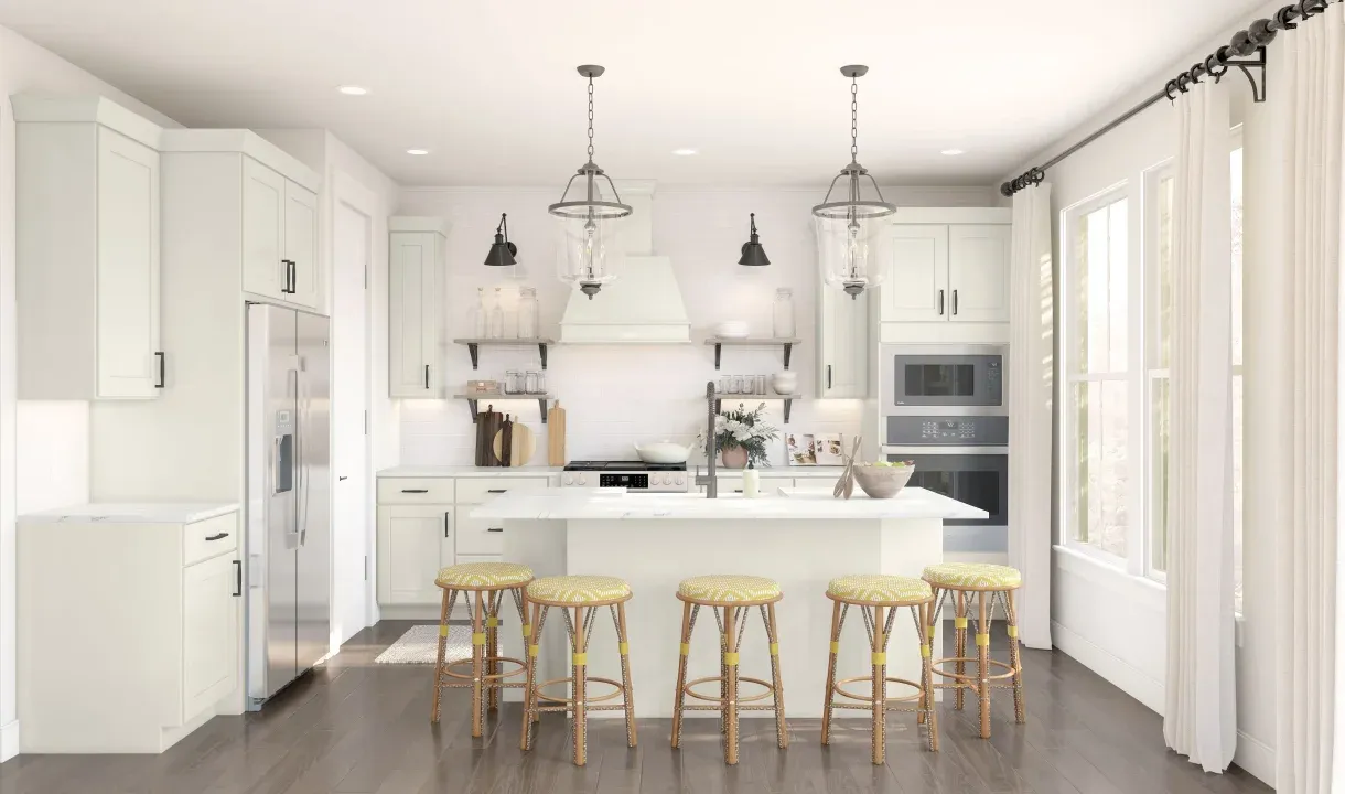 Kitchen with white cabinetry and floating shelves