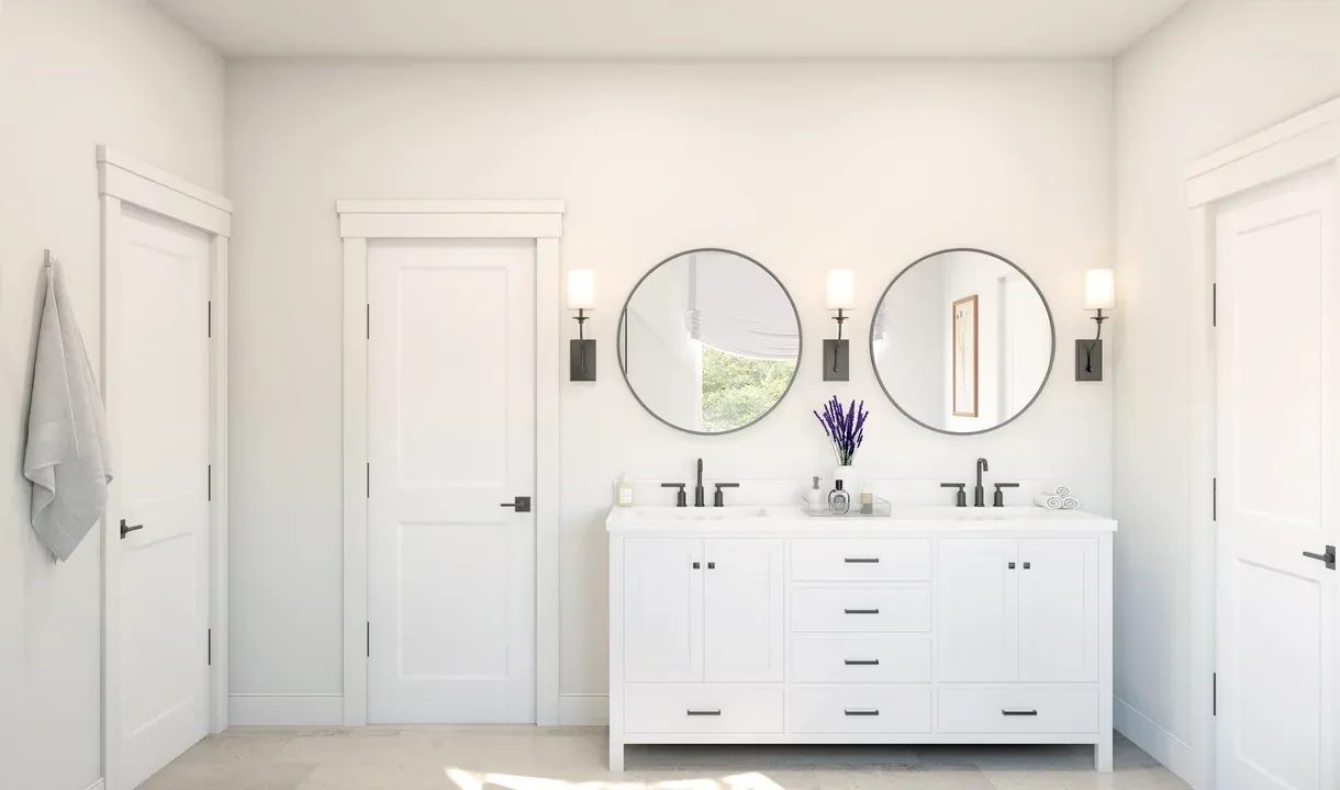 Primary bath with matte black hardware