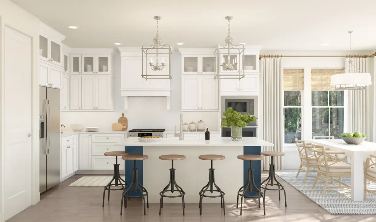 Kitchen with island, pendant lighting and glass-front upper cabinets