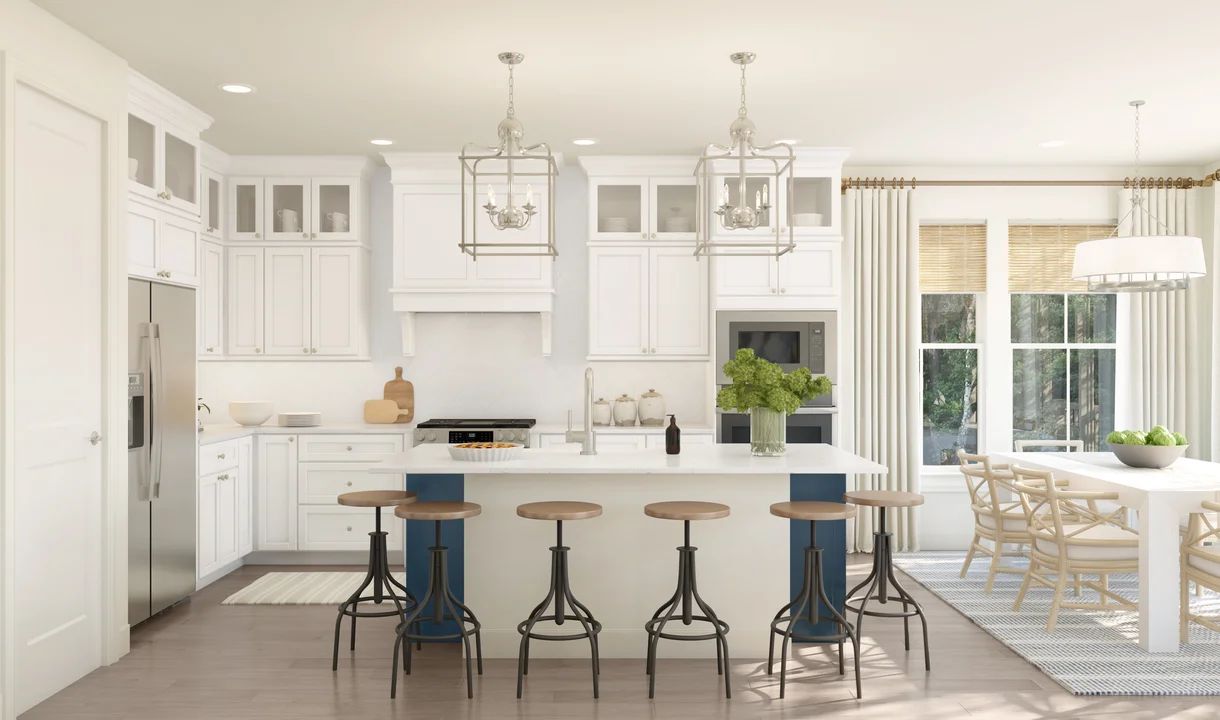 Kitchen with island, pendant lighting and glass-front upper cabinets