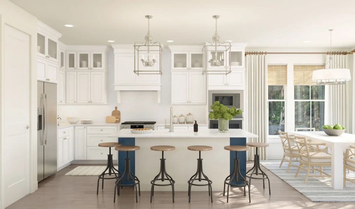Kitchen with island, pendant lighting and glass-front upper cabinets