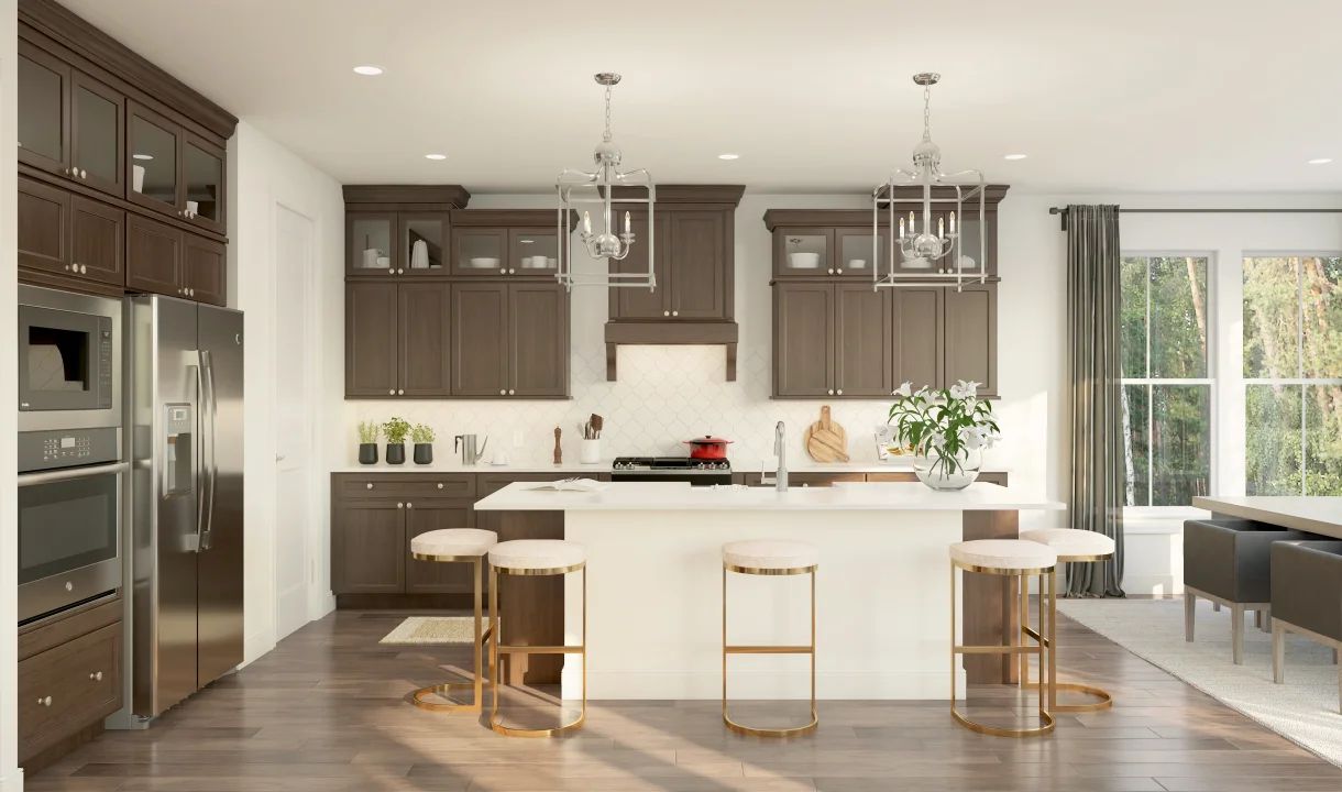 Kitchen with glass-front upper cabinets