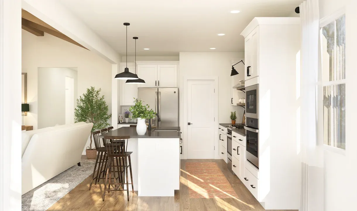 Kitchen with matte black hardware and floating shelves