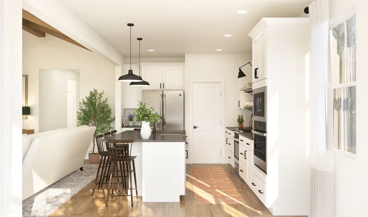Kitchen with matte black hardware and floating shelves