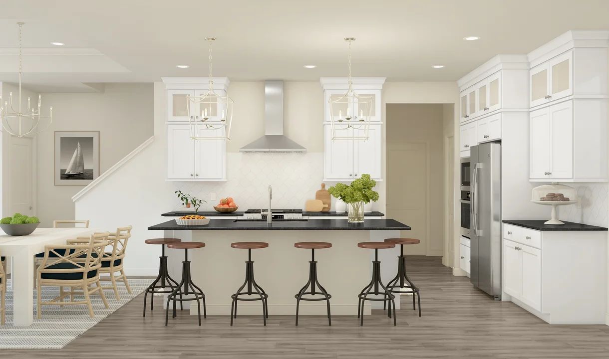 Kitchen with pendant lighting and glass upper cabinets