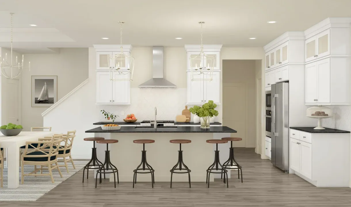 Kitchen with pendant lighting and glass upper cabinets