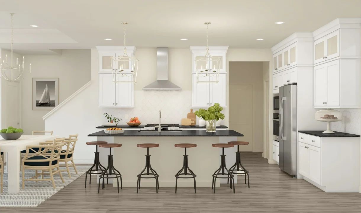 Kitchen with pendant lighting and glass upper cabinets