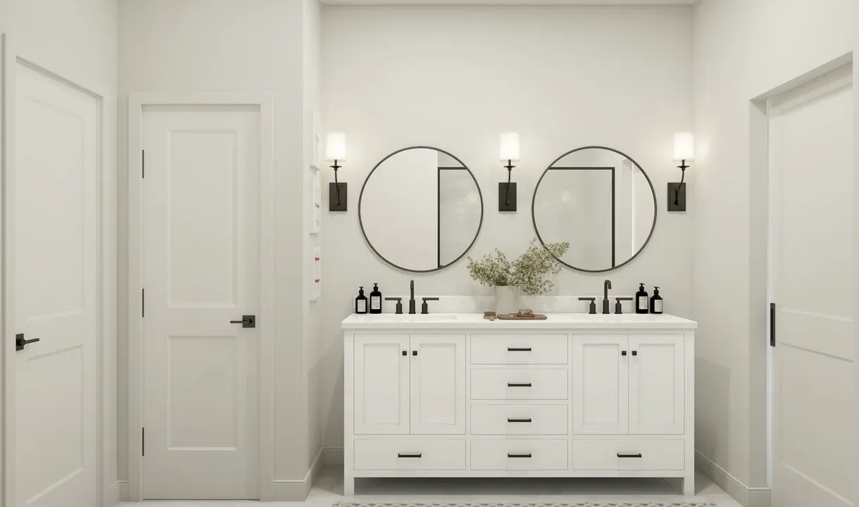Primary bath with freestanding vanity