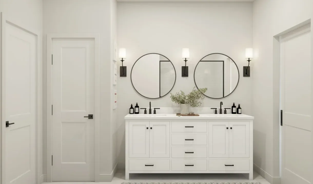Primary bath with freestanding vanity