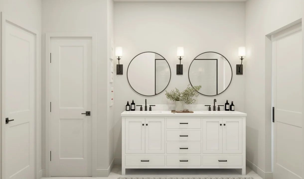 Primary bath with freestanding vanity