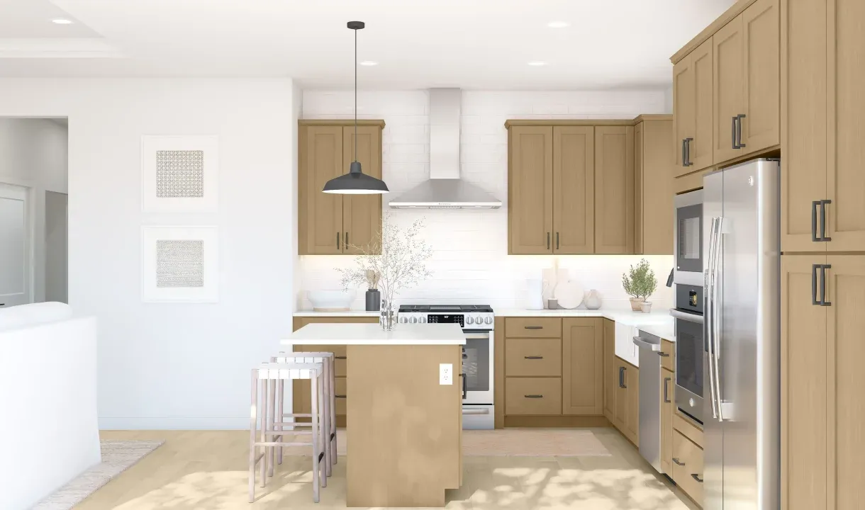 Kitchen with wood-stained cabinets and matte black hardware