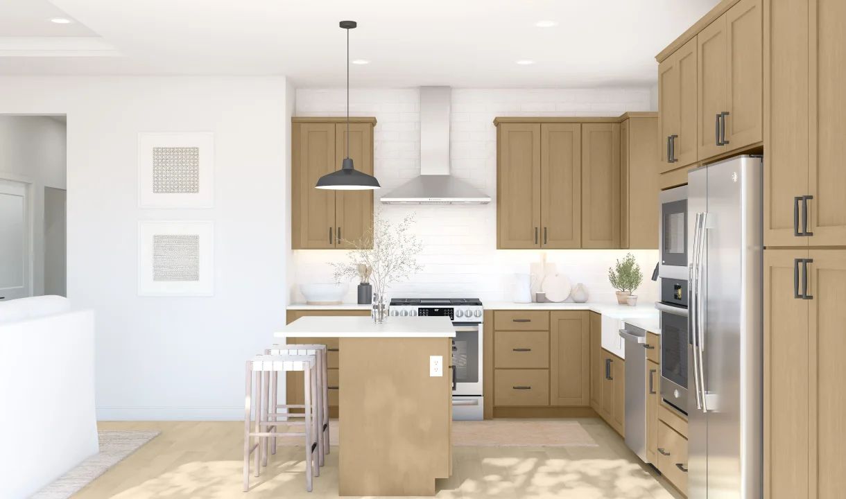 Kitchen with wood-stained cabinets and matte black hardware