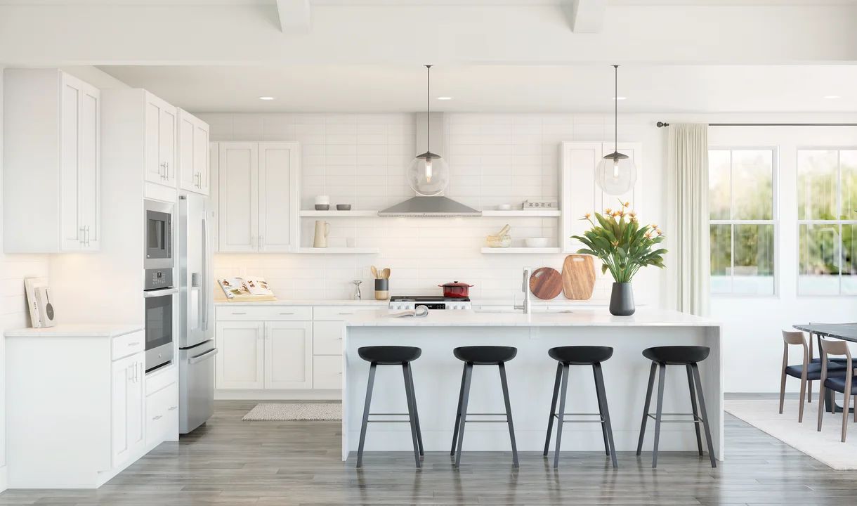 Kitchen with pendant lighting and floating shelves