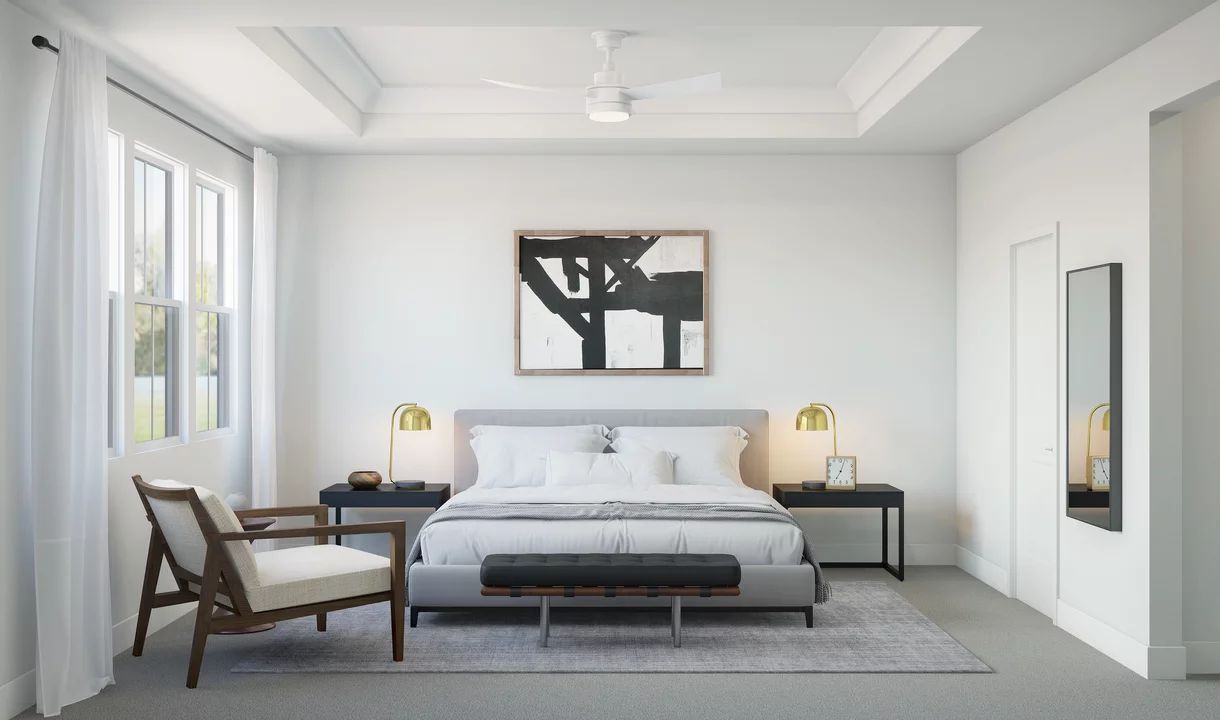 Primary suite with tray ceiling and crown moulding