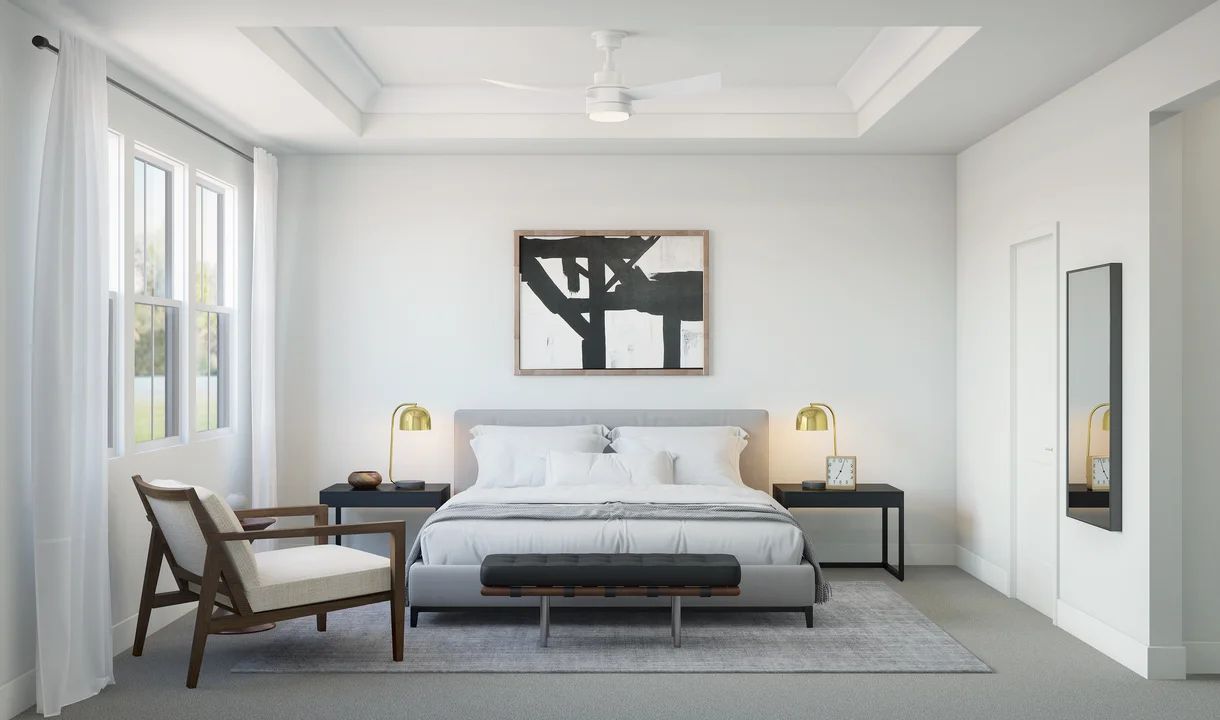 Primary suite with tray ceiling and crown moulding