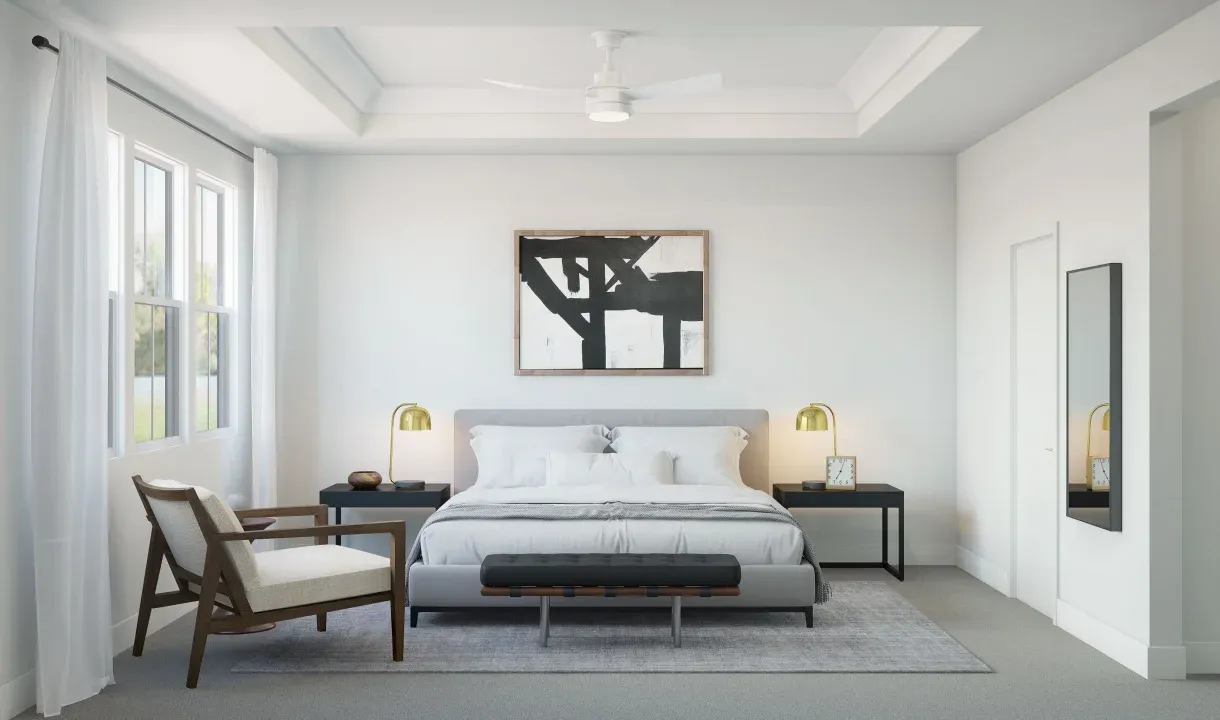 Primary suite with tray ceiling and crown moulding