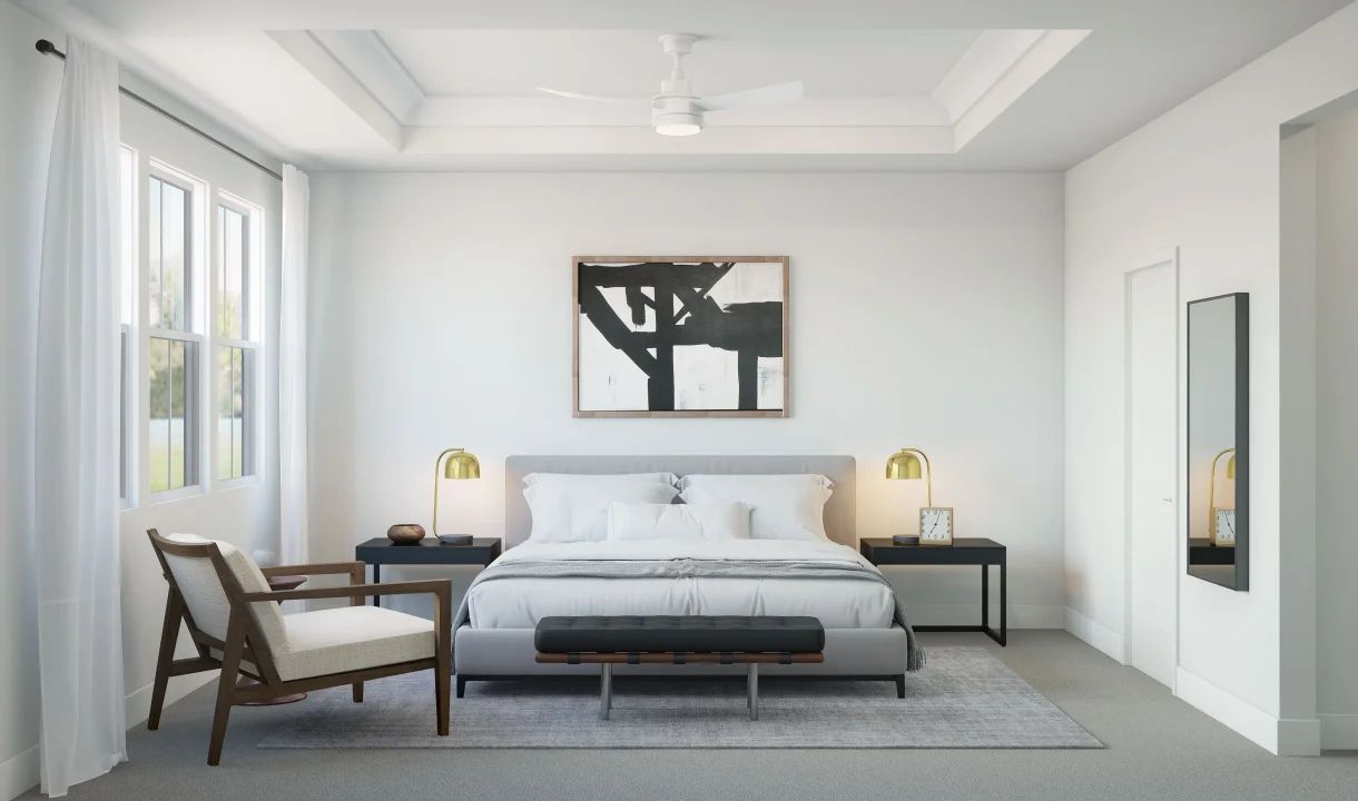 Primary suite with tray ceiling and crown moulding