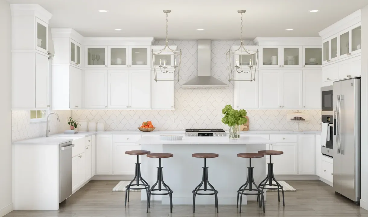 Kitchen with pendant lighting and glass upper cabinets
