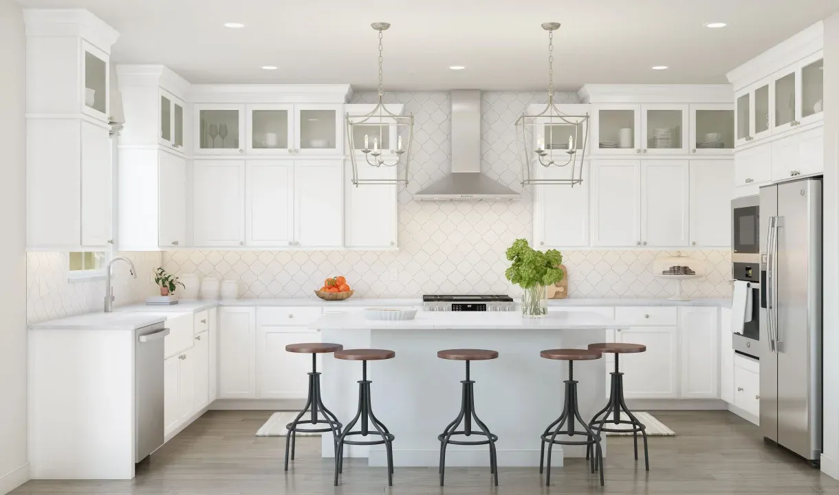 Kitchen with pendant lighting and glass upper cabinets