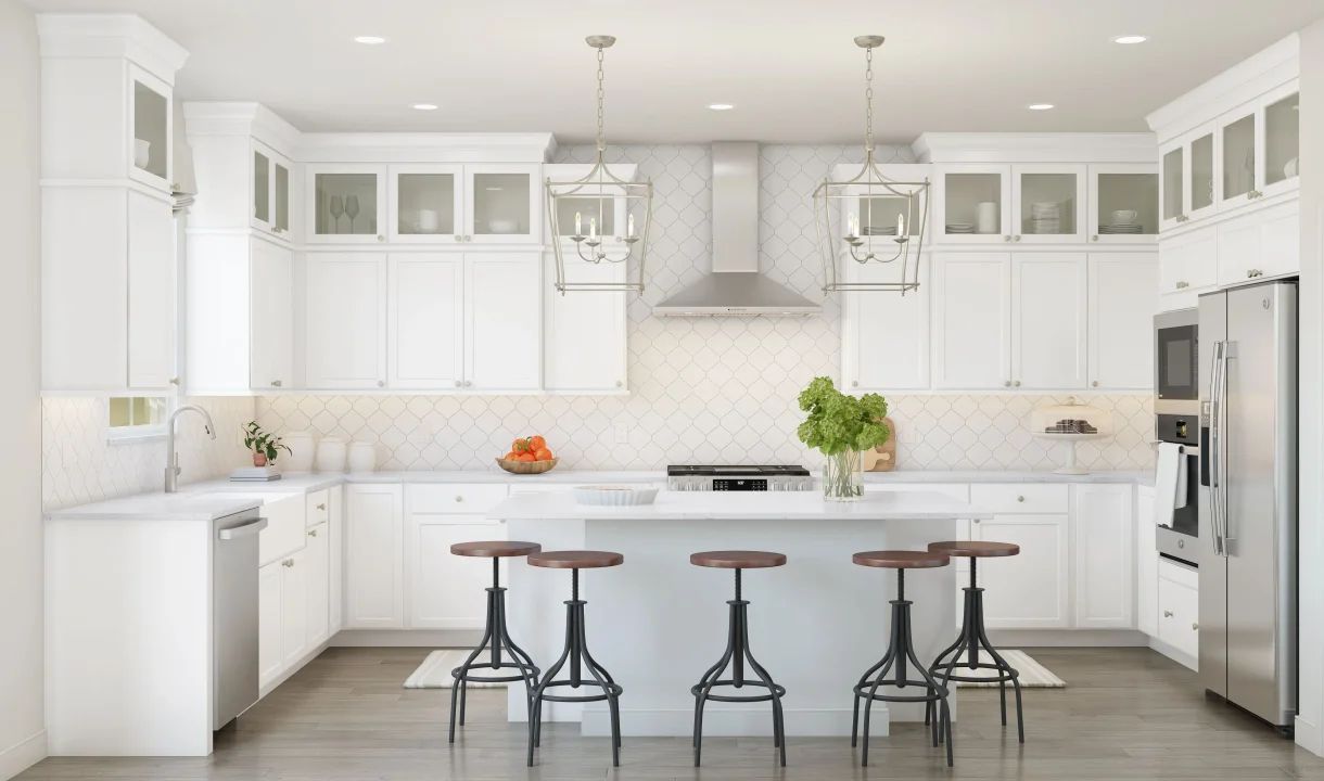 Kitchen with pendant lighting and glass upper cabinets