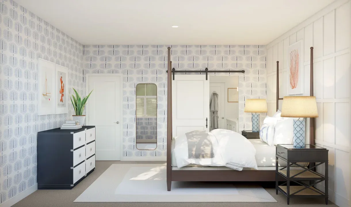 Primary suite with barn door and decorative feature wall