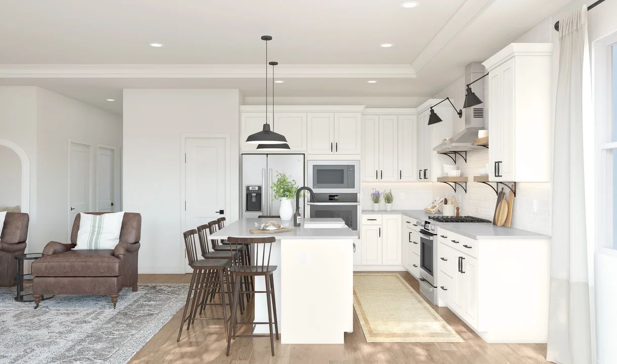 Kitchen with white cabinetry & floating shelves
