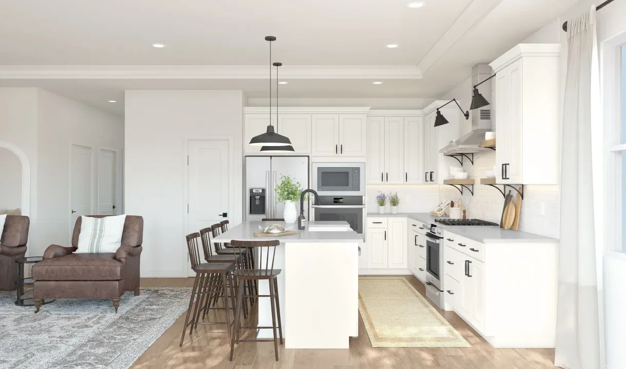 Kitchen with white cabinetry & floating shelves
