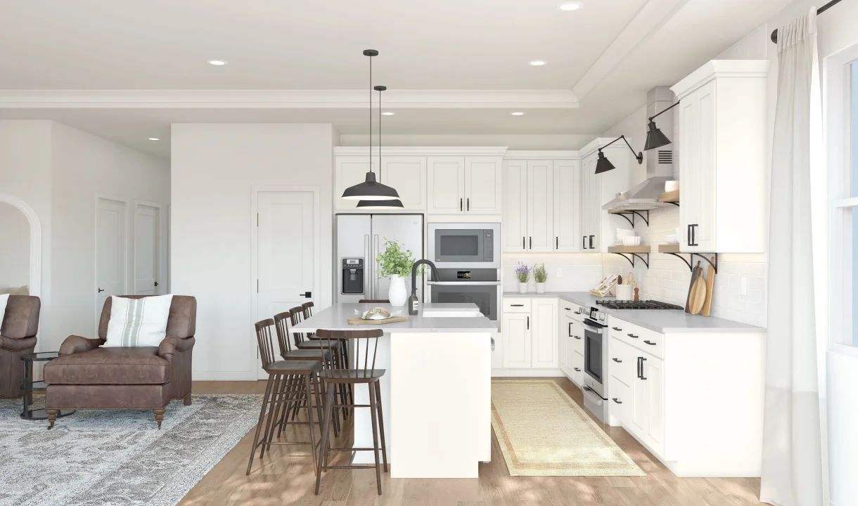 Kitchen with white cabinetry & floating shelves
