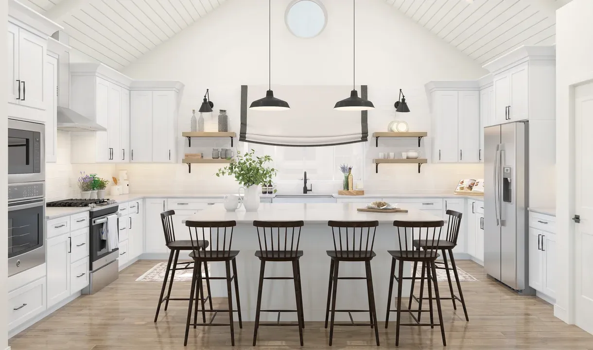 Kitchen with pendant lighting & vaulted ceiling