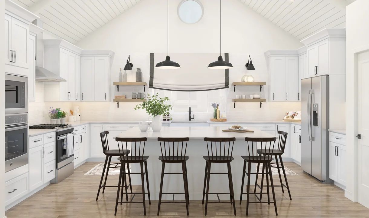 Kitchen with pendant lighting & vaulted ceiling