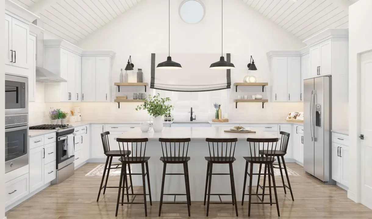 Kitchen with pendant lighting & vaulted ceiling