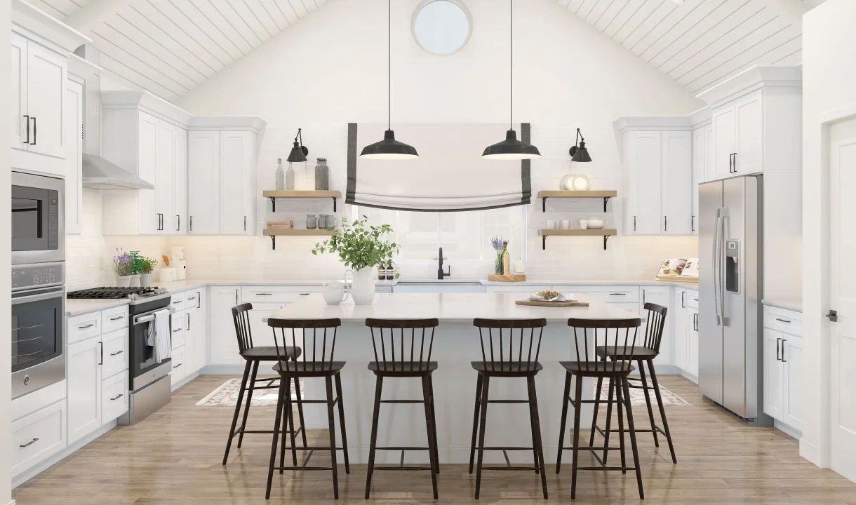 Kitchen with pendant lighting & vaulted ceiling