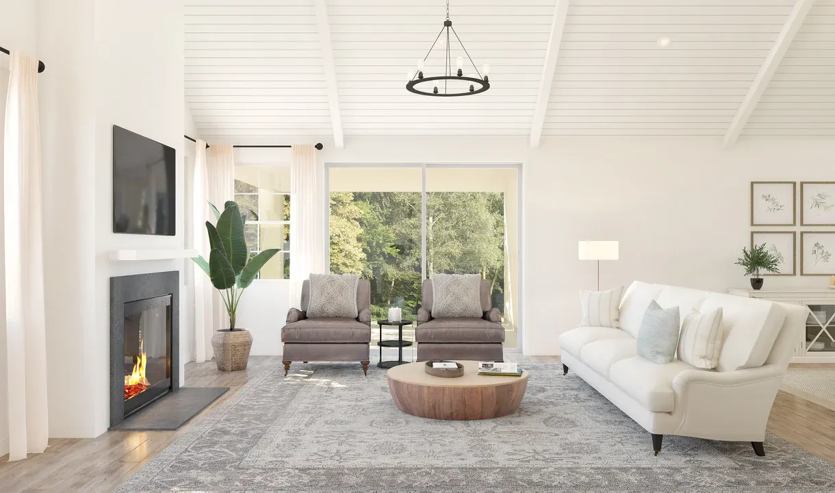 Great room with painted white ceiling beams & vaulted ceiling