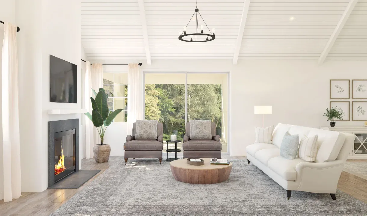 Great room with painted white ceiling beams & vaulted ceiling