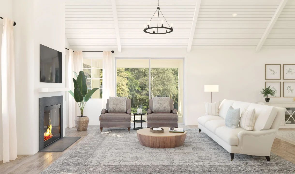 Great room with painted white ceiling beams & vaulted ceiling