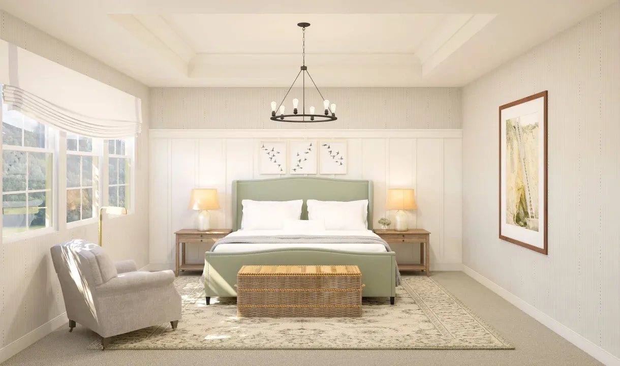 Primary suite with tray ceiling and decorative feature wall