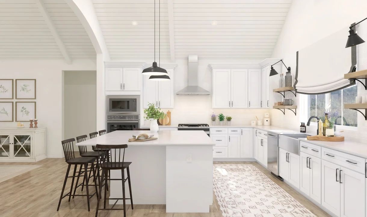 Kitchen with white cabinetry & floating shelves