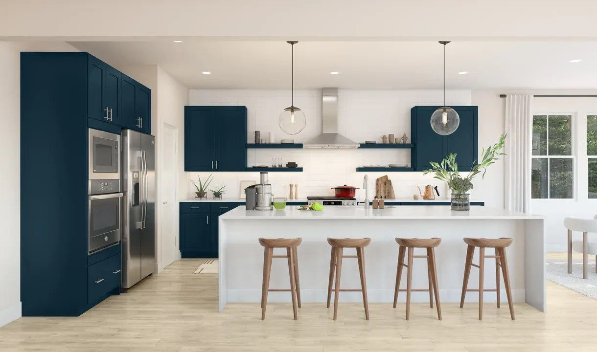 Kitchen with pendant lights over island