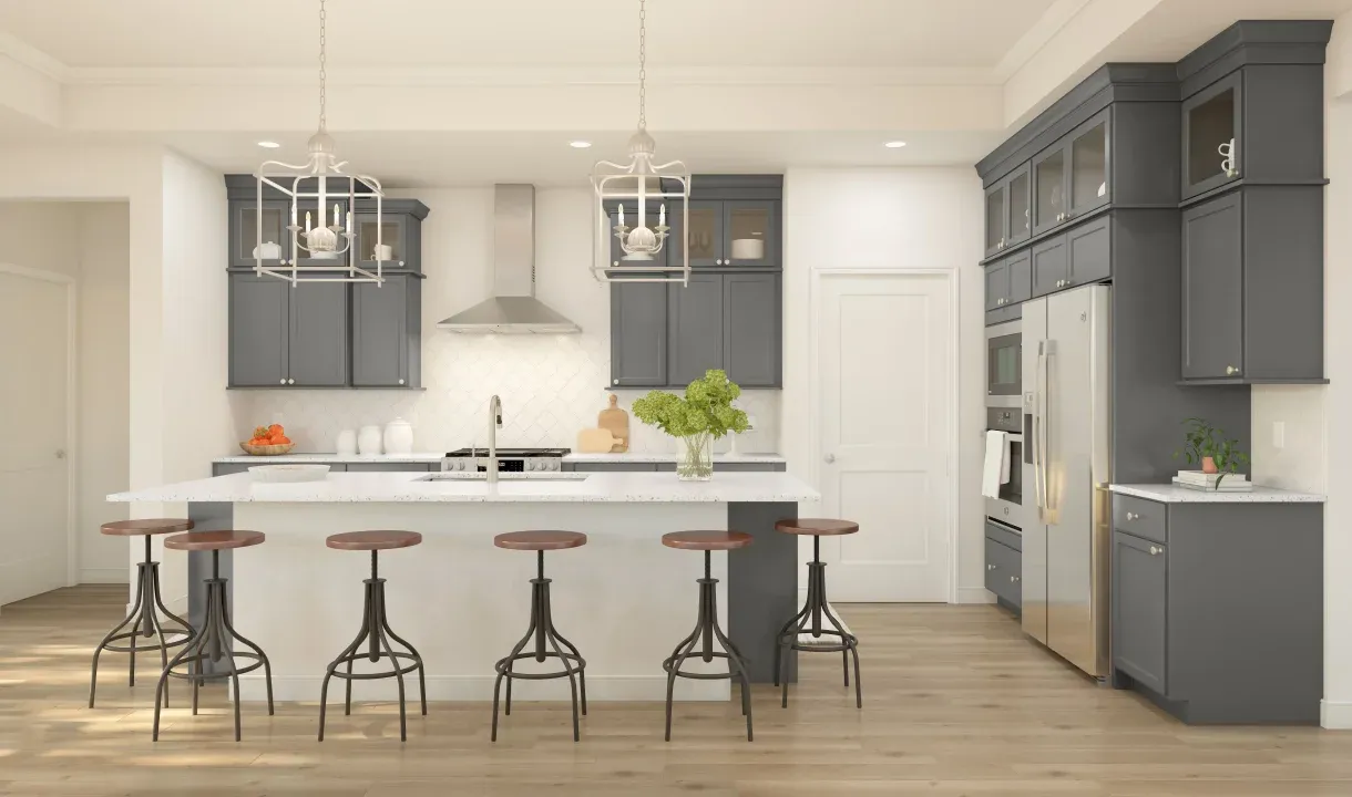 Kitchen with glass upper cabinets