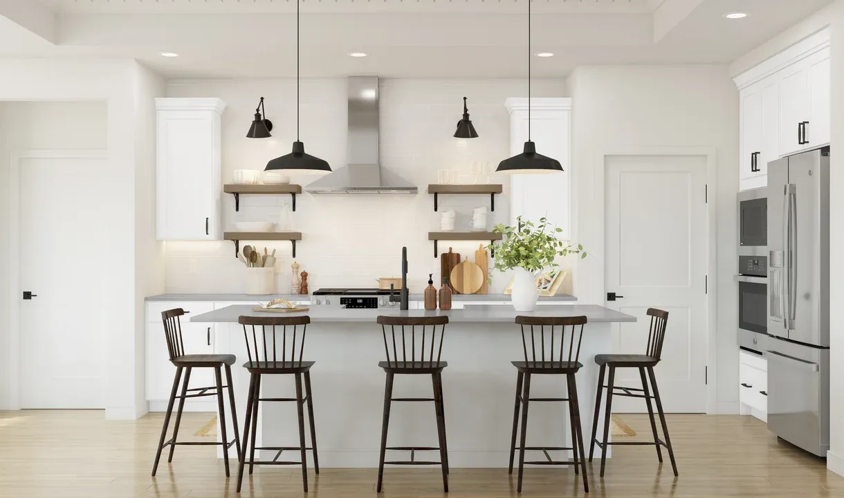 Kitchen with pendant lighting and floating shelves