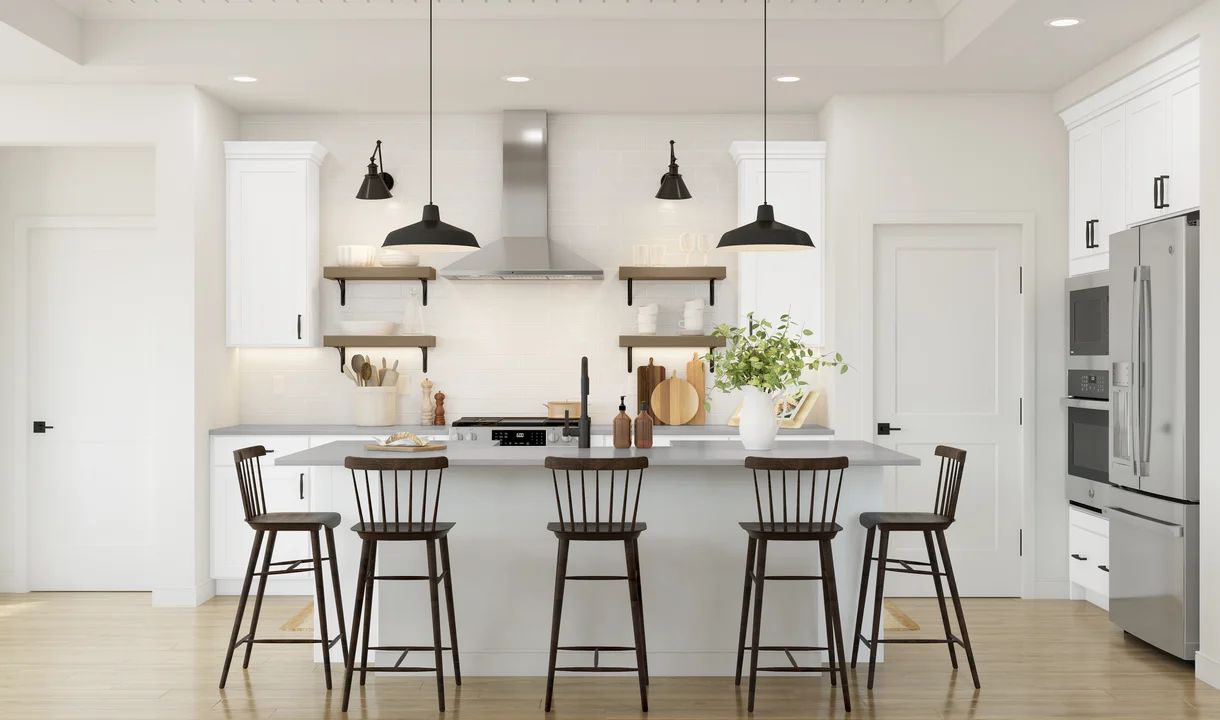 Kitchen with pendant lighting and floating shelves