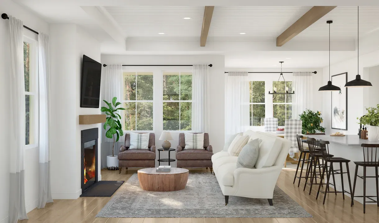 Great room with shiplap and stained ceiling beams
