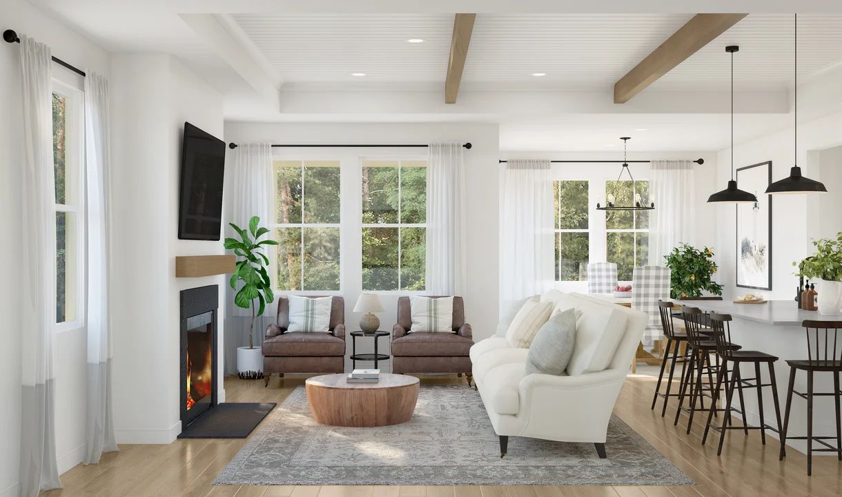 Great room with shiplap and stained ceiling beams
