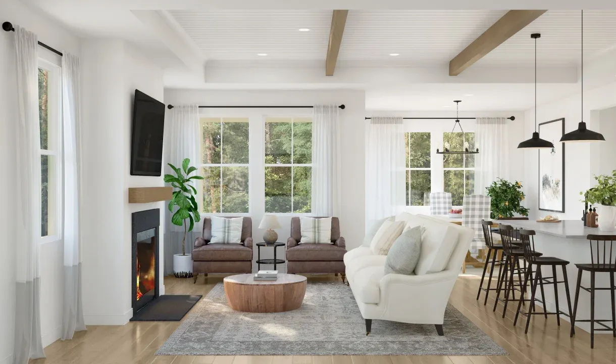 Great room with shiplap and stained ceiling beams