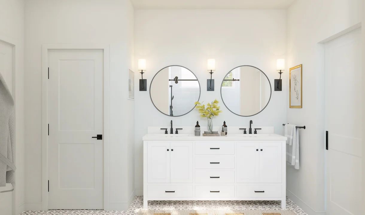 Primary bath with freestanding vanity and matte black fixtures