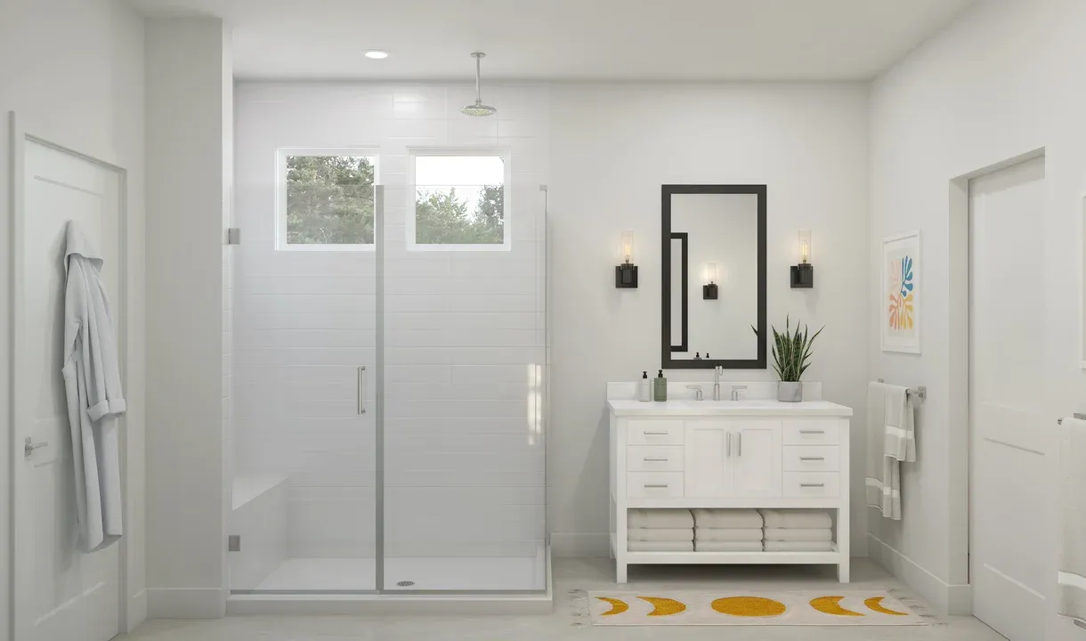 Primary bath with freestanding vanity