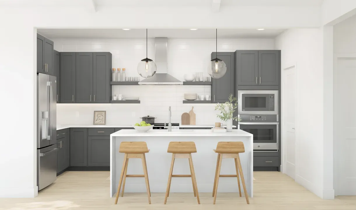Kitchen with pendant lighting and floating shelves