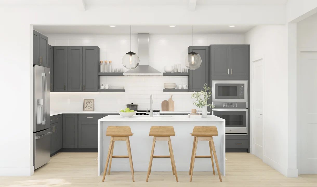 Kitchen with pendant lighting and floating shelves