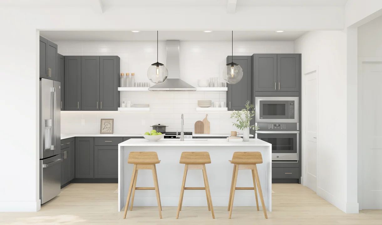 Kitchen with pendant lighting and floating shelves