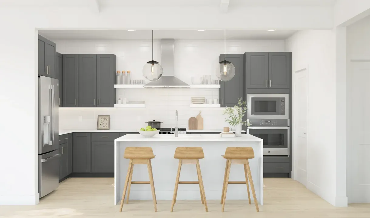 Kitchen with pendant lighting and floating shelves